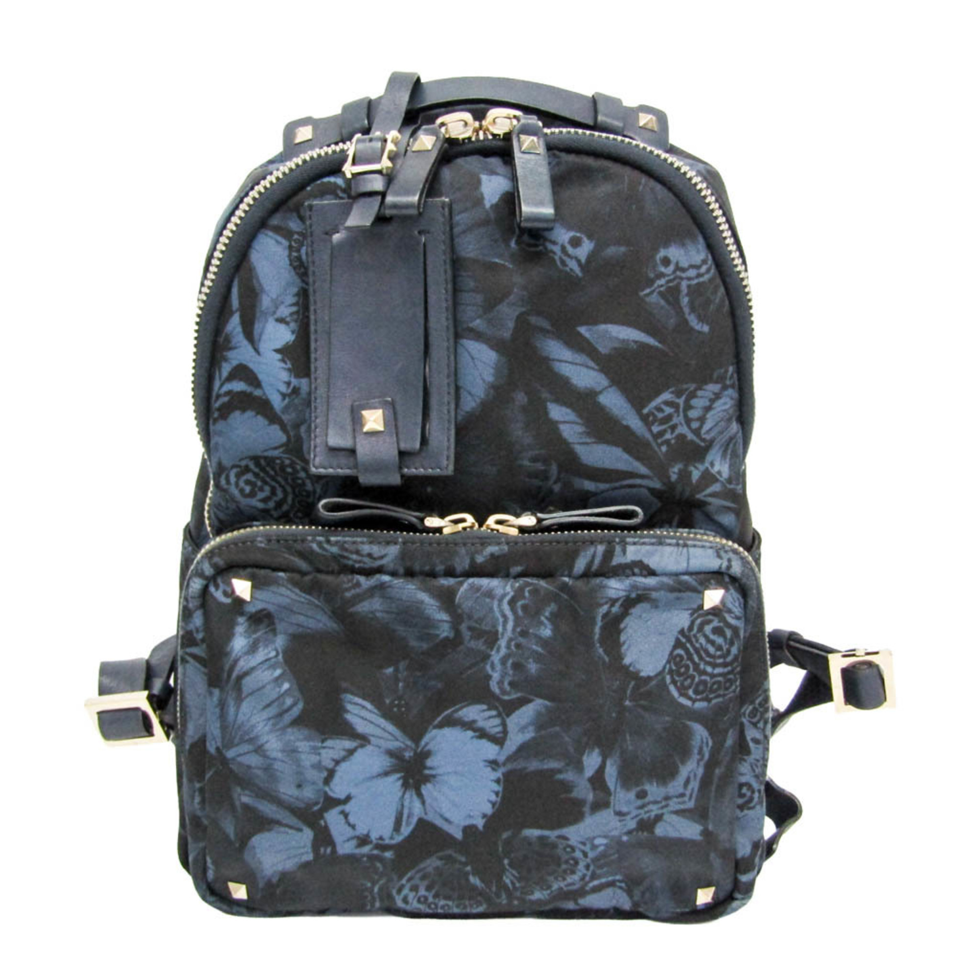 Valentino Garavani Lockstuds Butterfly Women's Nylon,Leather Backpack Blue,Da...